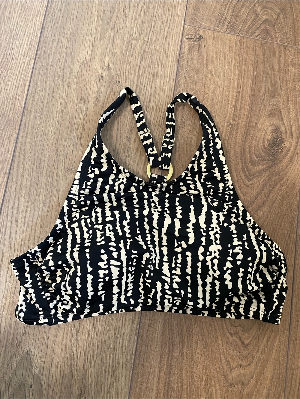 Kona Sol Black and Cream High Neck Bikini Top with Ring Detail